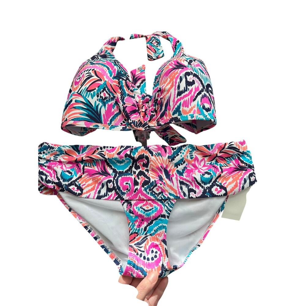 Leilani Halter Swim Top Sz 16 Multi-Color & Hipster Full Bottom Sz 10 NWT